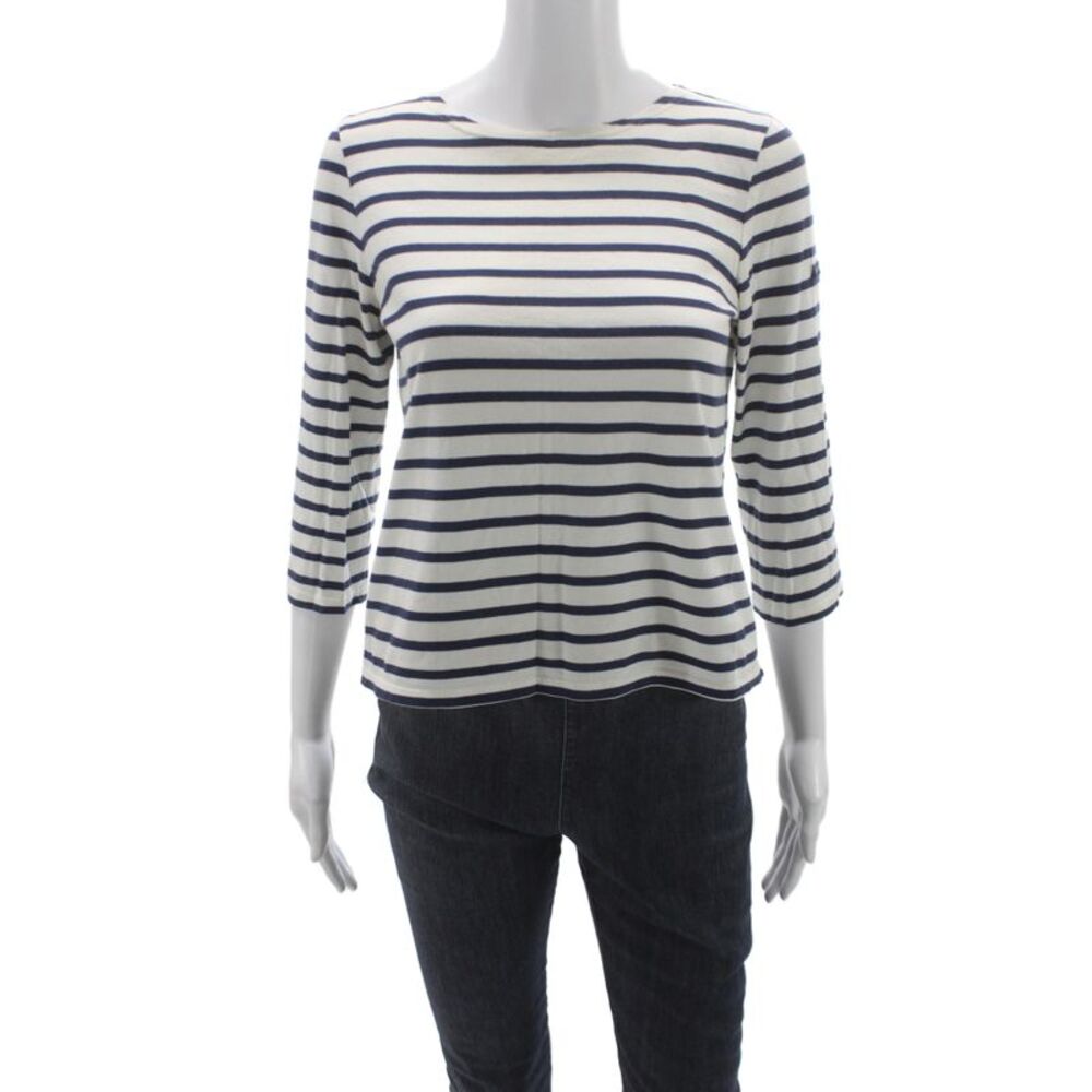 Saint James Women Blue Striped T-Shirt Boat Neck 3/4 Sleeve Cotton Size S